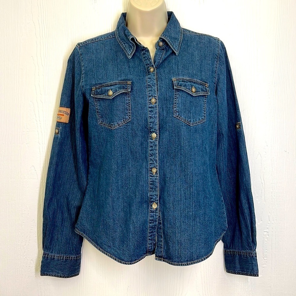 Harley Davidson - Button Down 100 Percent Cotton Jean Like Patch Shirt Size Med